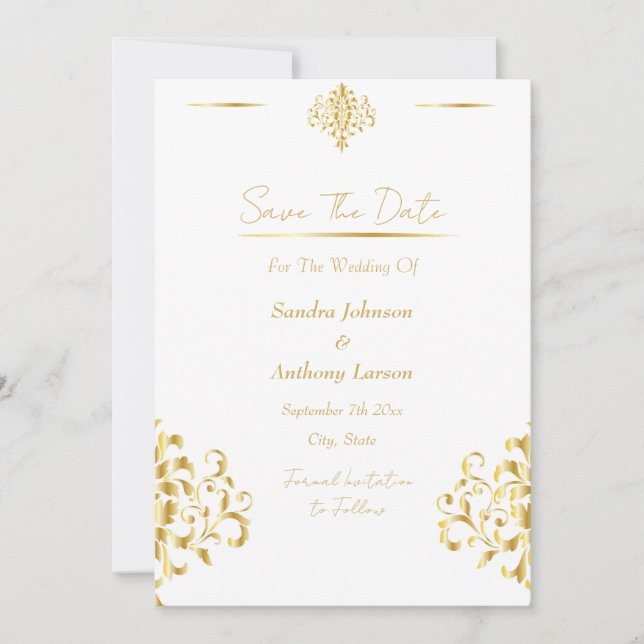 Elegant Gold and White Damask Spara Datumet (Framsida)