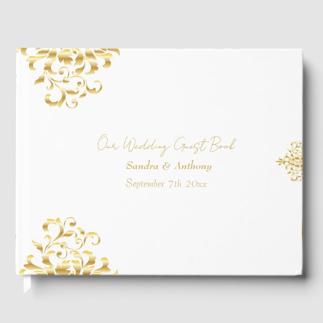 Elegant Gold and White Damask Wedding Guest Book Gästböcker (Framsida)