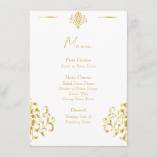Elegant Gold and White Damask Wedding Menu Meny