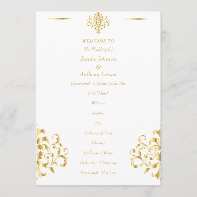 Elegant Gold and White Damask Wedding Program (Framsida)