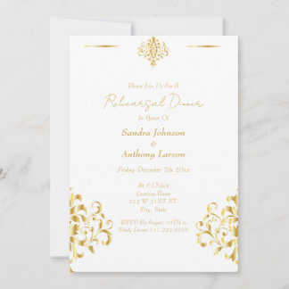 Elegant Gold and White Damask Wedding Rehearsal Inbjudningar