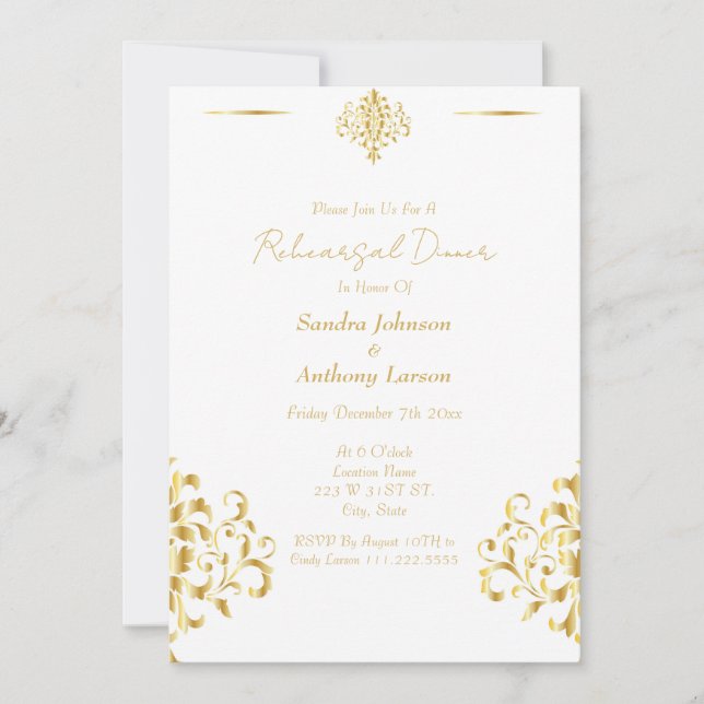 Elegant Gold and White Damask Wedding Rehearsal Inbjudningar (Framsida)
