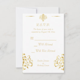 Elegant Gold and White Damask Wedding RSVP OSA Kort