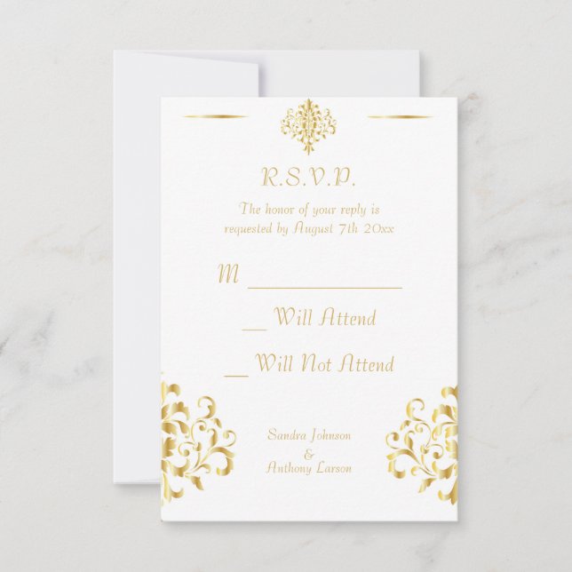 Elegant Gold and White Damask Wedding RSVP OSA Kort (Framsida)