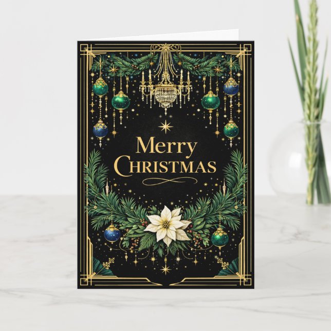 Elegant Gold Art Deco Chandelier Christmas  Helgkort (Framsida)