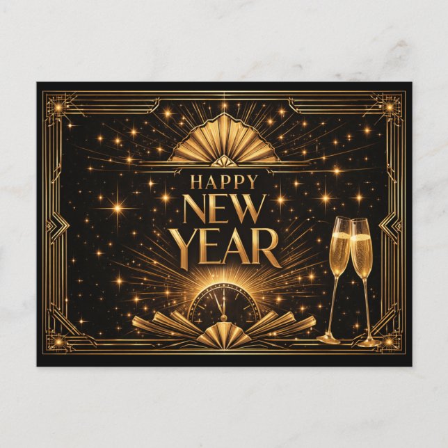 Elegant Gold Art Deco Happy New Year Helg Vykort (Framsida)