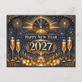 Elegant Gold Art Deco New Year Celebration Helg Vykort