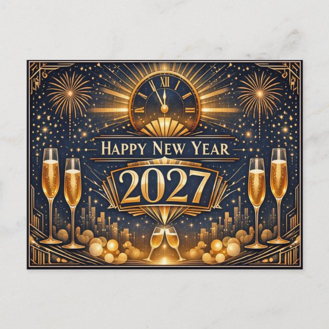 Elegant Gold Art Deco New Year Celebration Helg Vykort (Framsida)