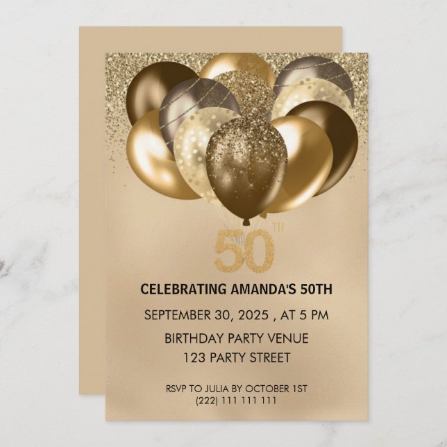Elegant Gold Balloons 50th Birthday Invitation Inbjudningar (Fram/baksida)