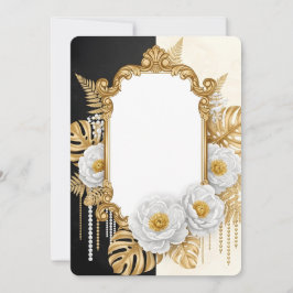 Elegant Gold Baroque Frame with White Flowers & Mo Inbjudningar