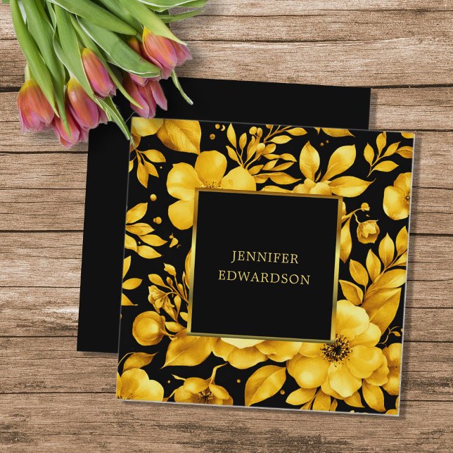 Elegant gold black flowers professional fyrkantigt visitkort (Elegant gold black flowers professional square business card. You can add your own text.)