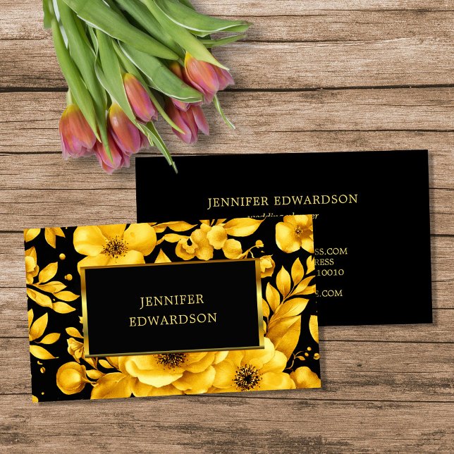 Elegant gold black flowers professional visitkort (Elegant gold black flowers professional business card.)