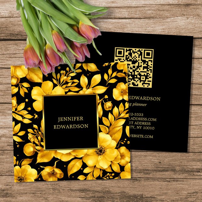 Elegant gold black flowers QR code professional Fyrkantigt Visitkort (Elegant gold black flowers QR code professional Square Business Card.)