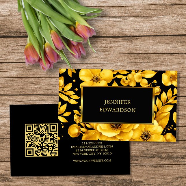 Elegant gold black flowers QR code professional Visitkort (Elegant gold black flowers QR code professional Business Card.)