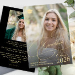 Elegant gold black graduate photo graduation meddelande<br><div class="desc">Classic faux gold calligraphy script high school college university simple stylish black graduation announcement with 2 custom photos and text template.</div>