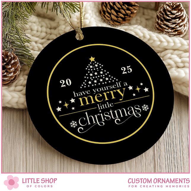 Elegant Gold Black Merry Little Christmas Photo Julgransprydnad Keramik (Skapare uppladdad)
