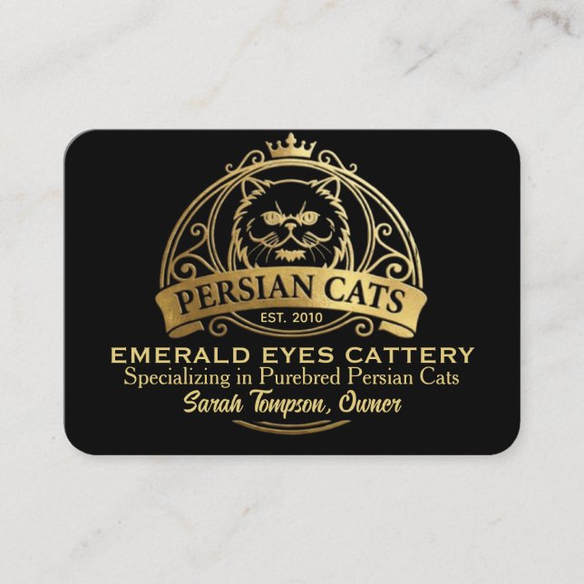 Elegant Gold & Black Persian Cattery Business Card Visitkort (Framsida)