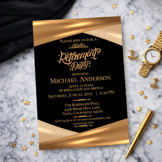 Elegant Gold Black Retirement Party  Inbjudningar
