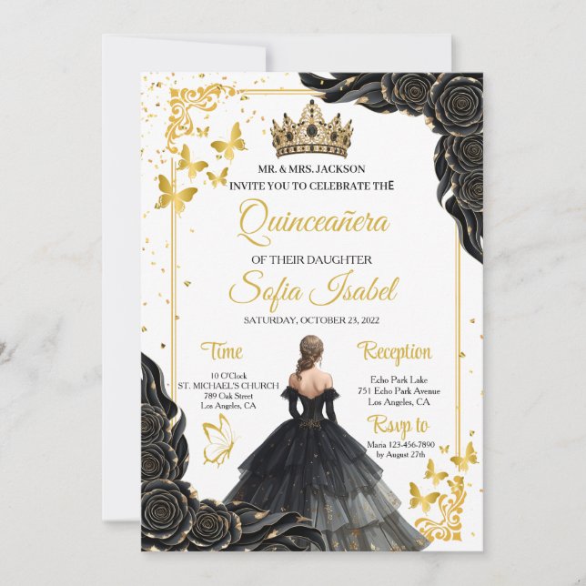 Elegant Gold Black Royal Quinceañera Invite Inbjudningar (Framsida)