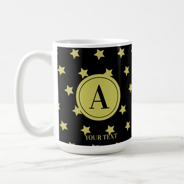 Elegant Gold & Black Star Pattern Monogram Kaffemugg (Vänster)
