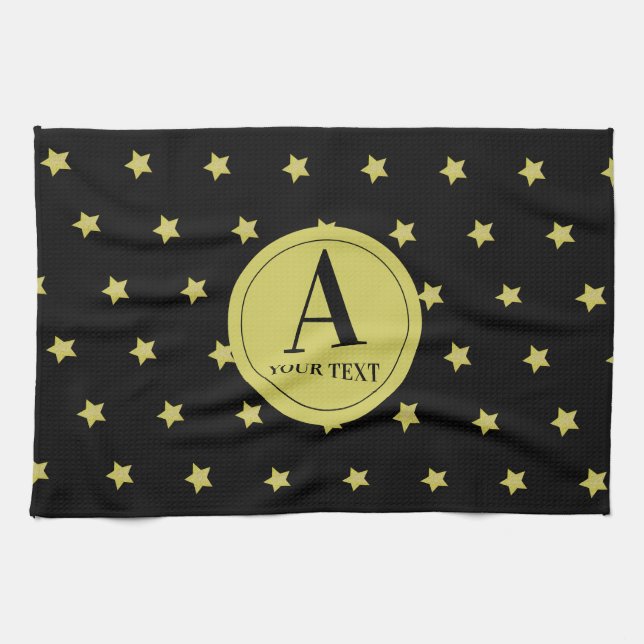 Elegant Gold & Black Star Pattern Monogram Kökshandduk (Horisontell)