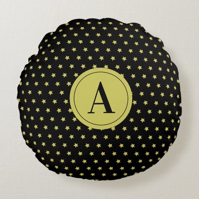 Elegant Gold & Black Star Pattern Monogram Rund Kudde (Framsidan)