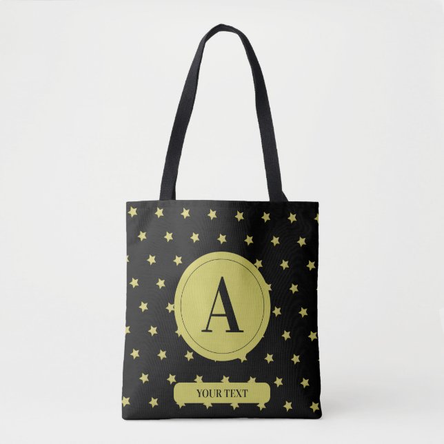 Elegant Gold & Black Star Pattern Monogram Tygkasse (Framsida)