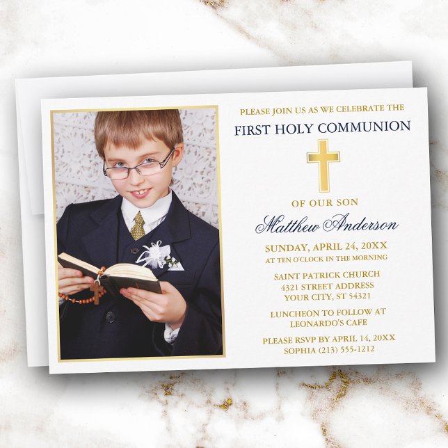 Elegant Gold Blue First Holy Communion Photo Inbjudningar (Customize to change text size, text style or color.)