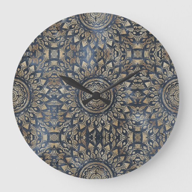 Elegant Gold Blue Mandala Floral Stor Klocka (Framsida)