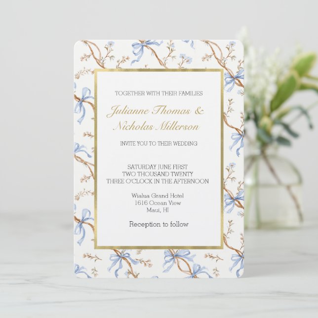 Elegant Gold Blue Ribbons Wedding Inbjudningar (Stående Fram)