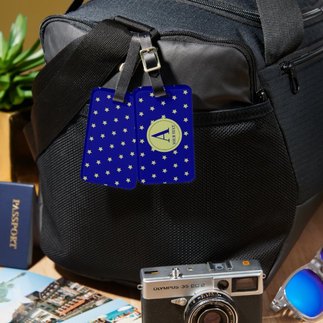 Elegant Gold & Blue Star Pattern Monogram Bagagebricka (Fram & Baksida)