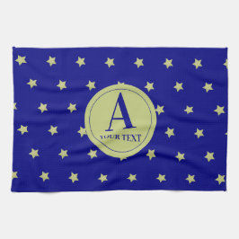 Elegant Gold & Blue Star Pattern Monogram Kökshandduk
