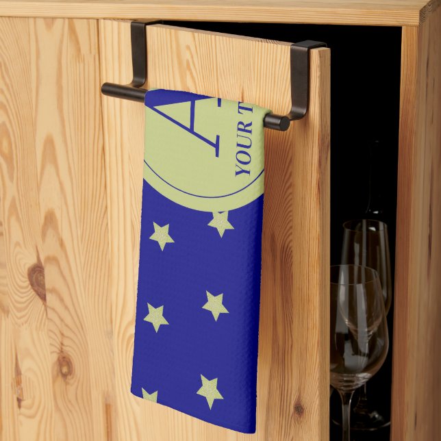 Elegant Gold & Blue Star Pattern Monogram Kökshandduk (Thirds Fold)