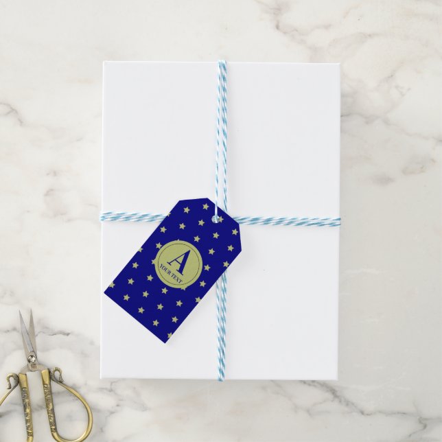 Elegant Gold & Blue Star Pattern Monogram Presentetikett (Med Snöre)