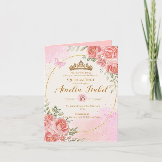 Elegant Gold & Blush Quinceañera Invitation Inbjudan (Framsida)