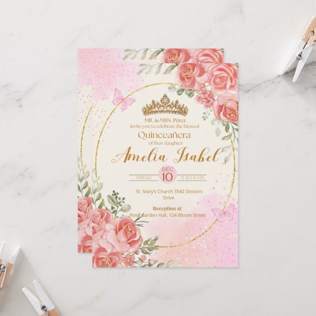 Elegant Gold & Blush Quinceañera Invitation Inbjudningar (Fram/Back In Situ)