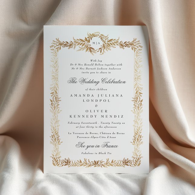 elegant gold botanical frame monogram wedding inbjudningar (Skapare uppladdad)