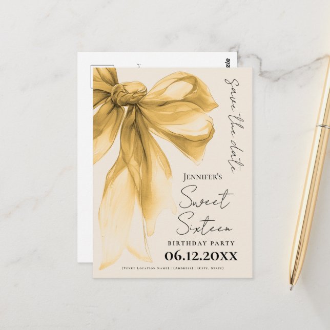 Elegant Gold Bow Coquette Sweet 16 Save the Date  Vykort (Fram/Back In Situ)