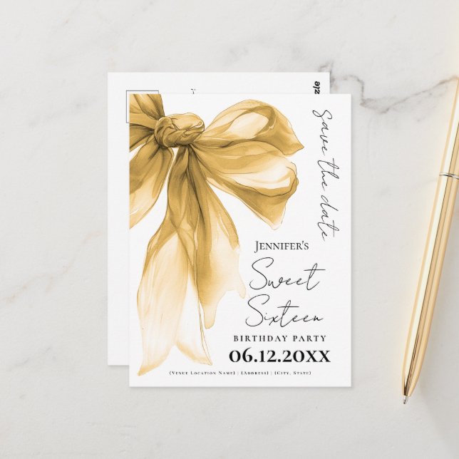 Elegant Gold Bow Coquette Sweet 16 Save the Date  Vykort (Fram/Back In Situ)