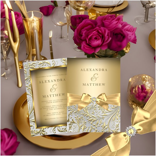 Elegant Gold Bow Golden Leaf Wedding Inbjudningar (Skapare uppladdad)