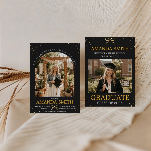 Elegant Gold Bow Graduation Photo Invitation Inbjudningar (Skapare uppladdad)