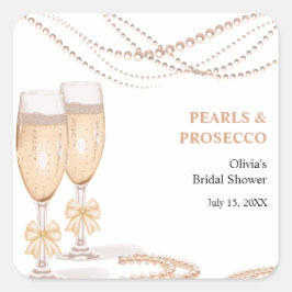 Elegant Gold Bow Pearls and Prosecco Bridal Shower Fyrkantigt Klistermärke