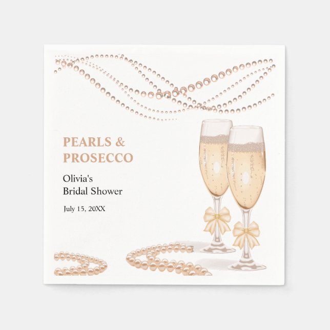 Elegant Gold Bow Pearls and Prosecco Bridal Shower Pappersservett (Framsidan)