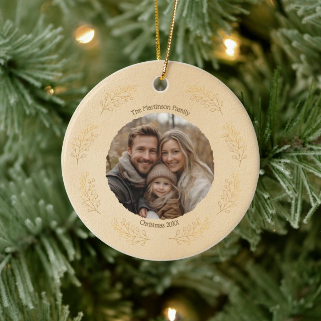 Elegant Gold Branches Family Photo Christmas Beige Julgransprydnad Keramik (Träd)