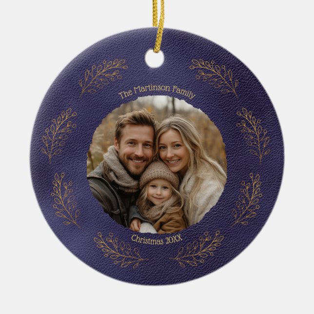 Elegant Gold Branches Family Photo Christmas Blue Julgransprydnad Keramik (Framsidan)