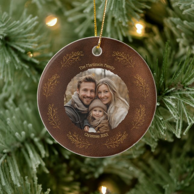 Elegant Gold Branches Family Photo Christmas Brown Julgransprydnad Keramik (Träd)