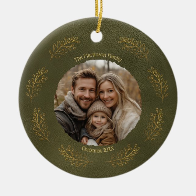 Elegant Gold Branches Family Photo Christmas  Julgransprydnad Keramik (Framsidan)