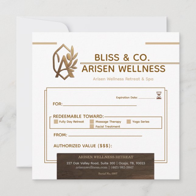 Elegant Gold & Brown Wellness Spa Presentkort (Framsida)