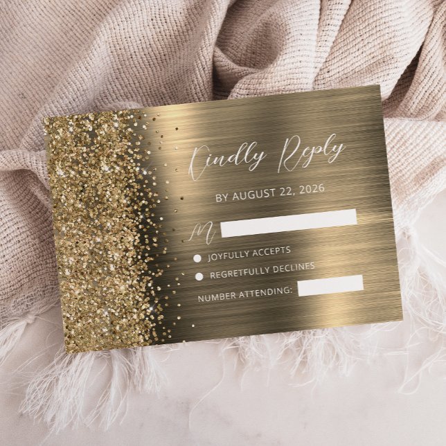 Elegant Gold Brushed Metal Glitter Script Wedding OSA Kort (Skapare uppladdad)