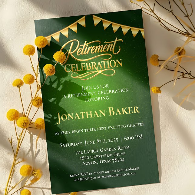 Elegant Gold Bunting Green Retirement Celebration  Inbjudningar (Elegant Gold Bunting Green Retirement Celebration Invitation)